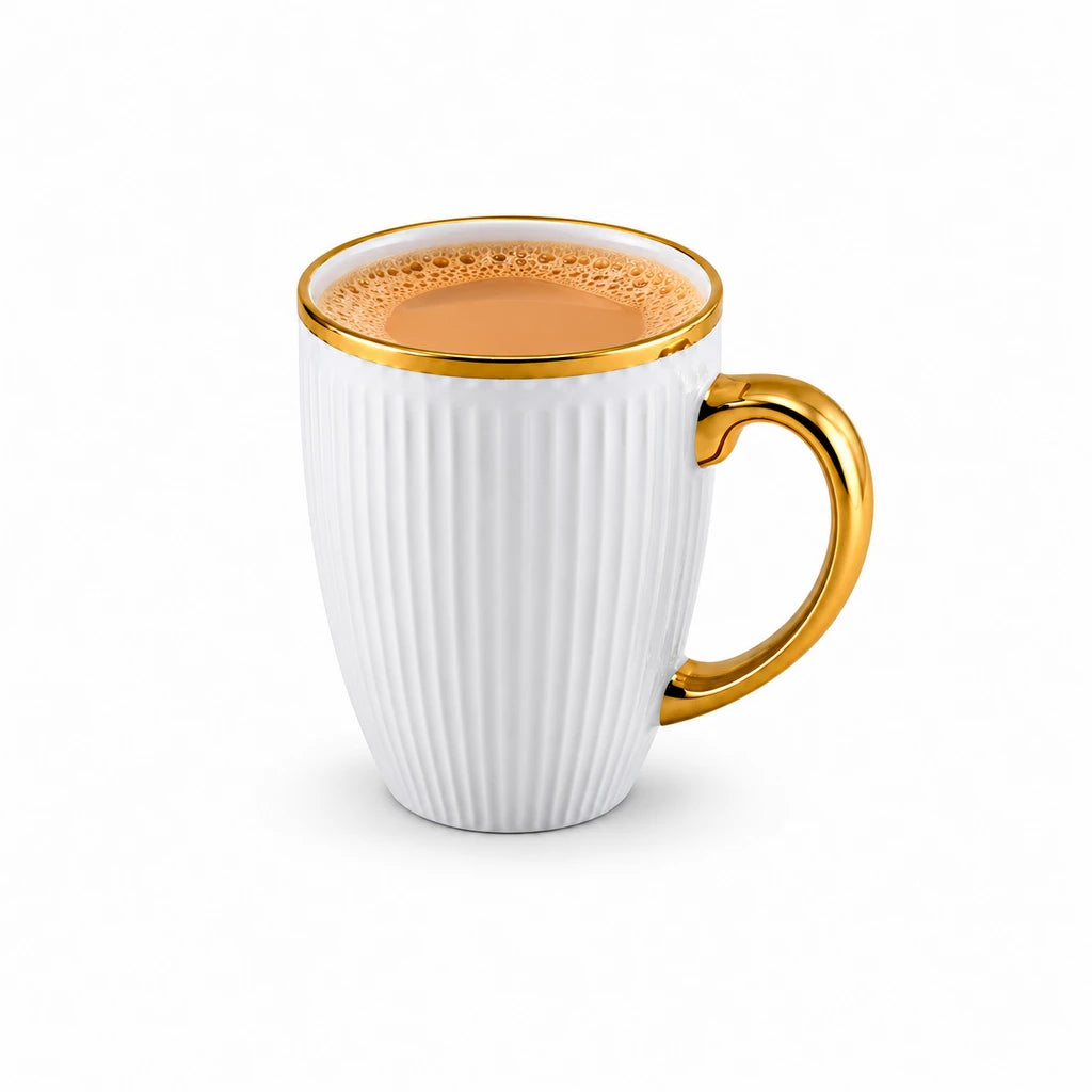 Royal White Ribbed Ceramic Mug with Gold-Tone Handle, 450 ml
