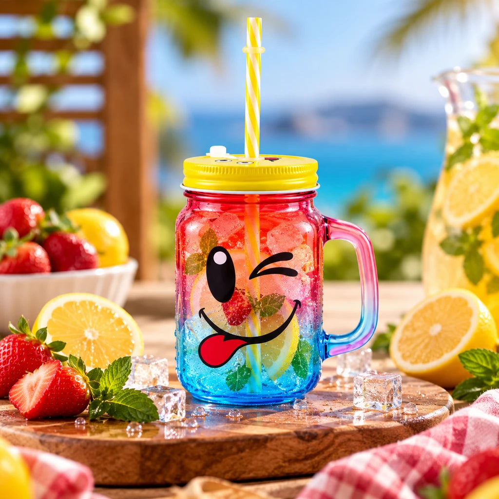 Kleeyo Pink-Blue Silly Smile 450 ml Glass Mason Jar