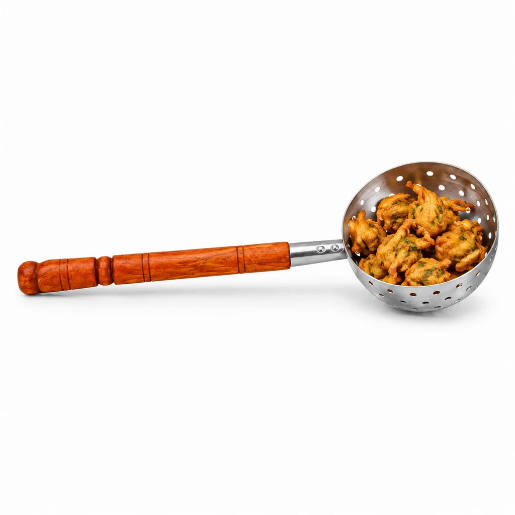 Stainless Steel Perforated Skimmer (Doora) with Wooden Handle - 8 & 9 Inch
