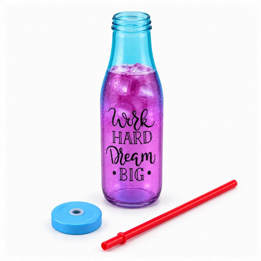 Kleeyo Blue-Purple Work Hard Dream Big Glass Bottle, 400 ml