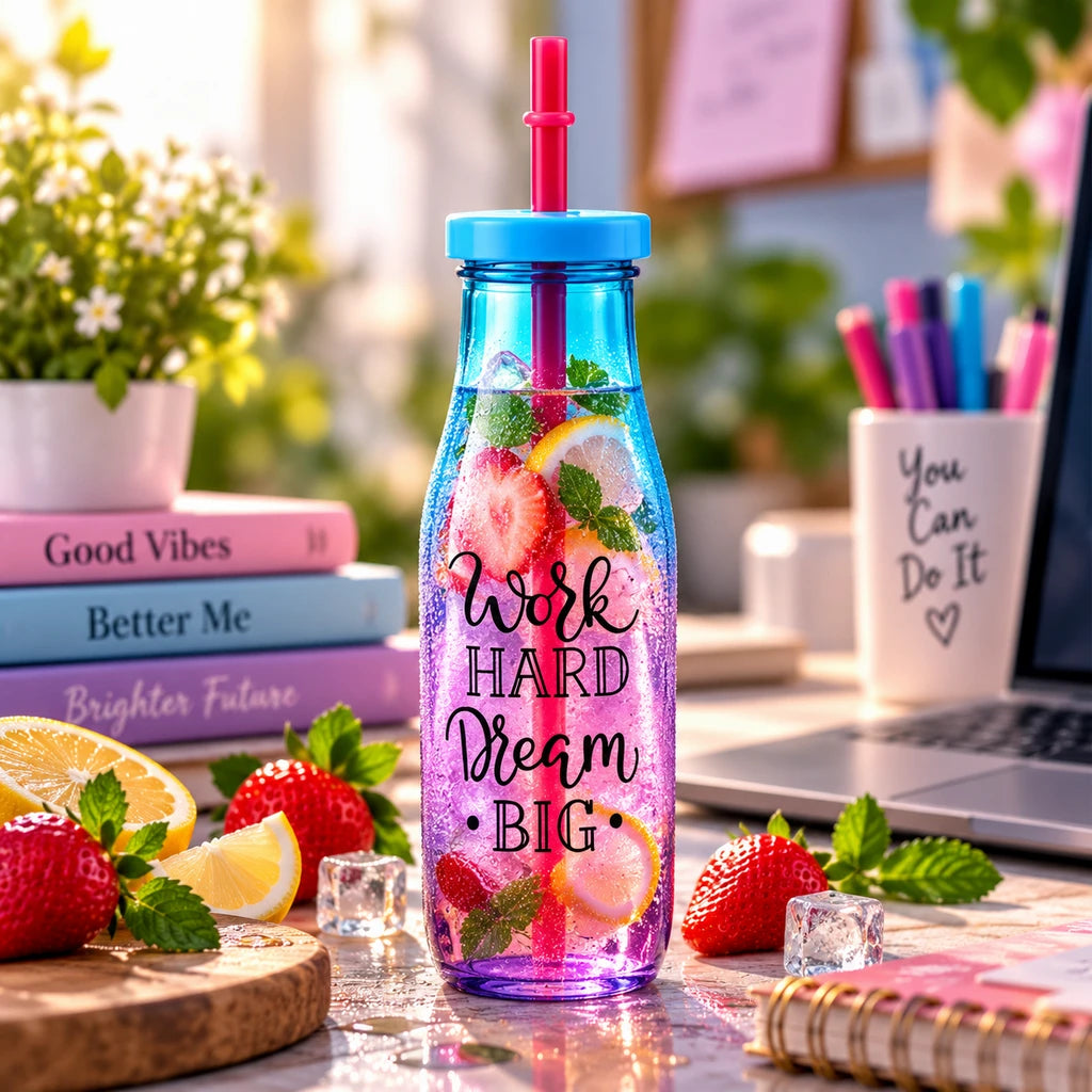 Kleeyo Blue-Purple Work Hard Dream Big Glass Bottle, 400 ml