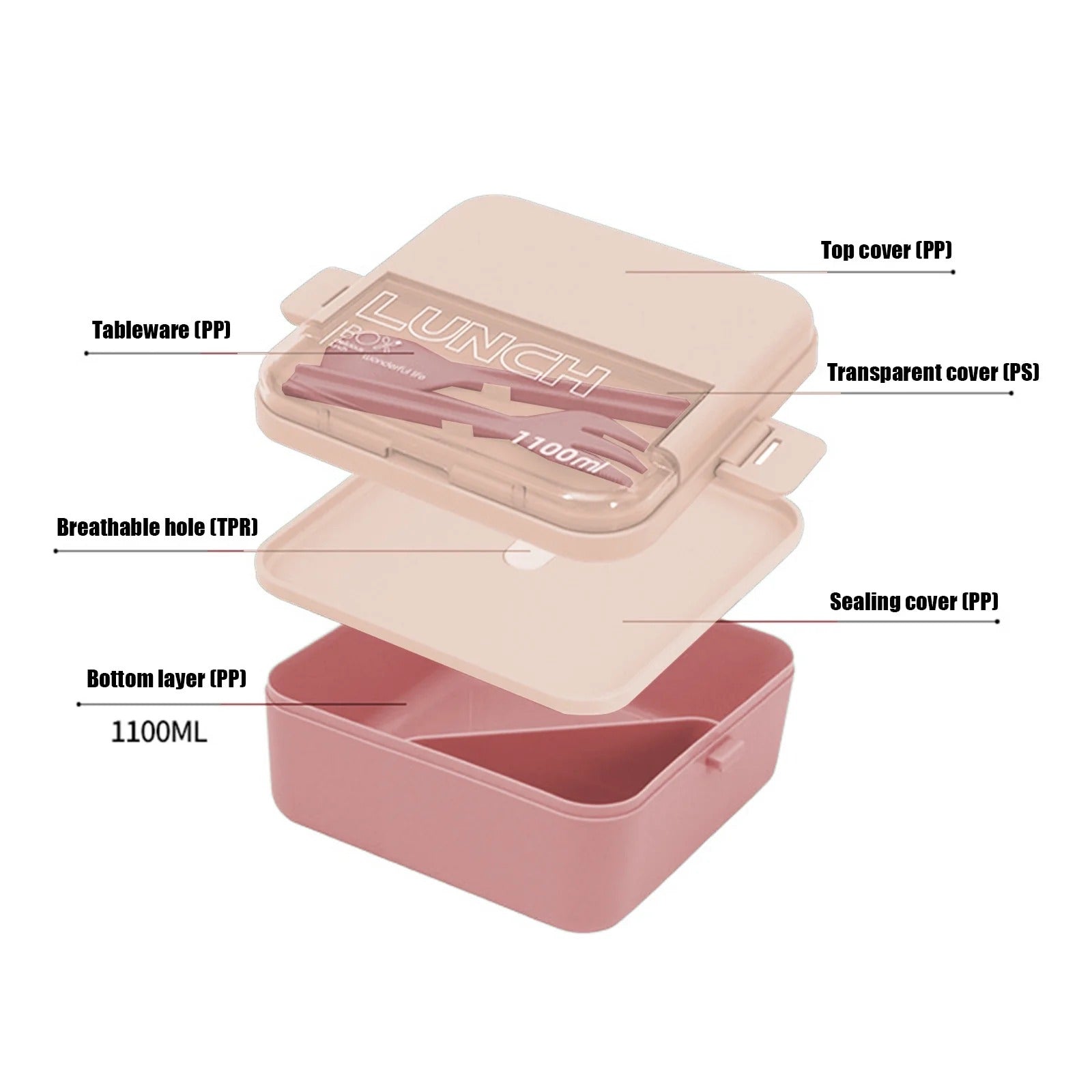 Tedemei Square Lunch Box Pink (9352)