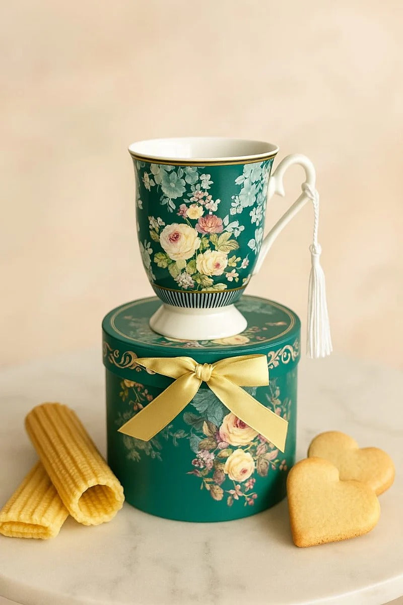 Porcelain 300ml Green Flower Design Mug with Gift Box